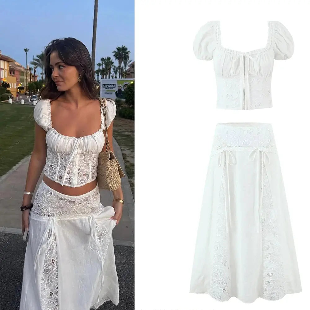 Mingmingxi Off Shoulder Cropped Top Flared Skirt Two Piece Set Women