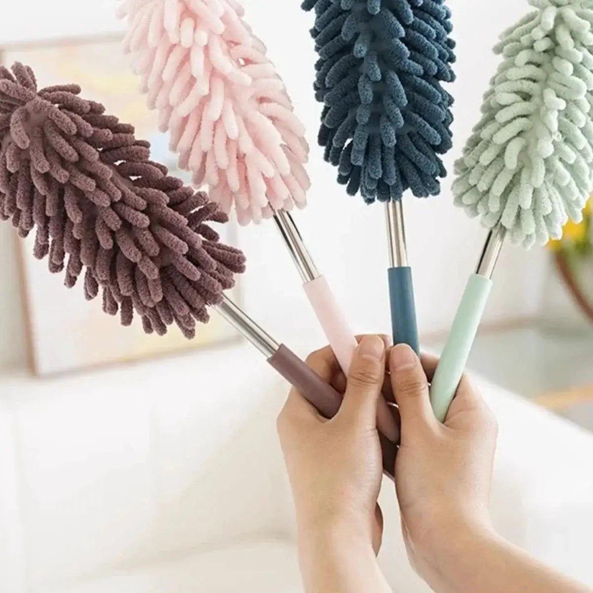 Mini car dusting brush set with extendable bendable microfiber heads in pink, brown, blue, mint.