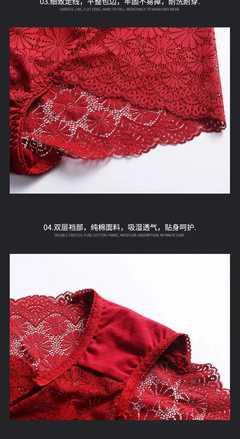 Panties Simples Market red lace high-waisted plus-size with hollow floral lace