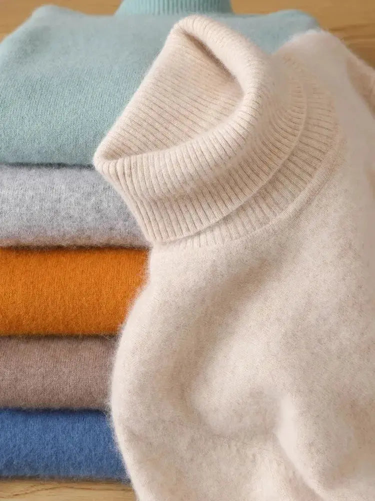 Simples Market men's mink velvet cashmere sweaters in a 5-color knit set; cream folded foreground with pastel hues.