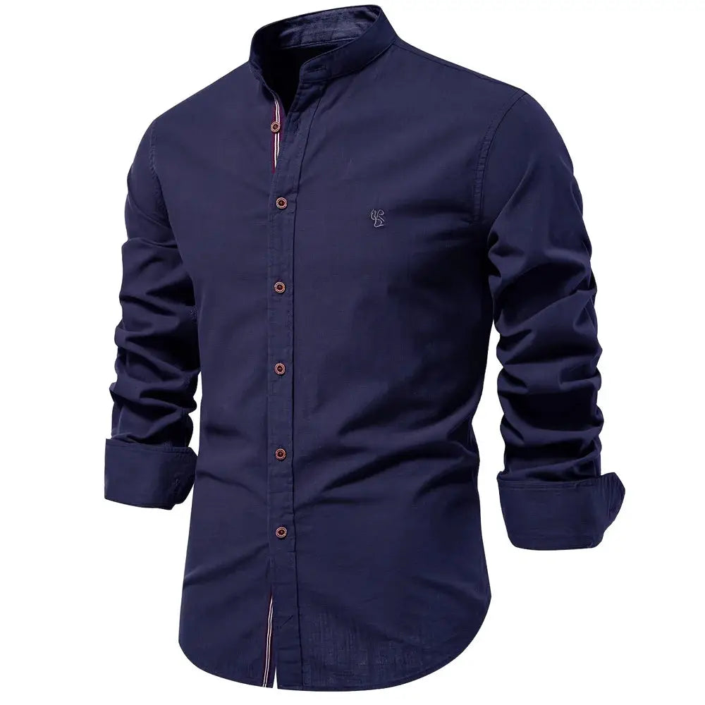 Simples Market navy blue 100% cotton men's long-sleeve shirt with stand collar, rolled sleeves, chest logo