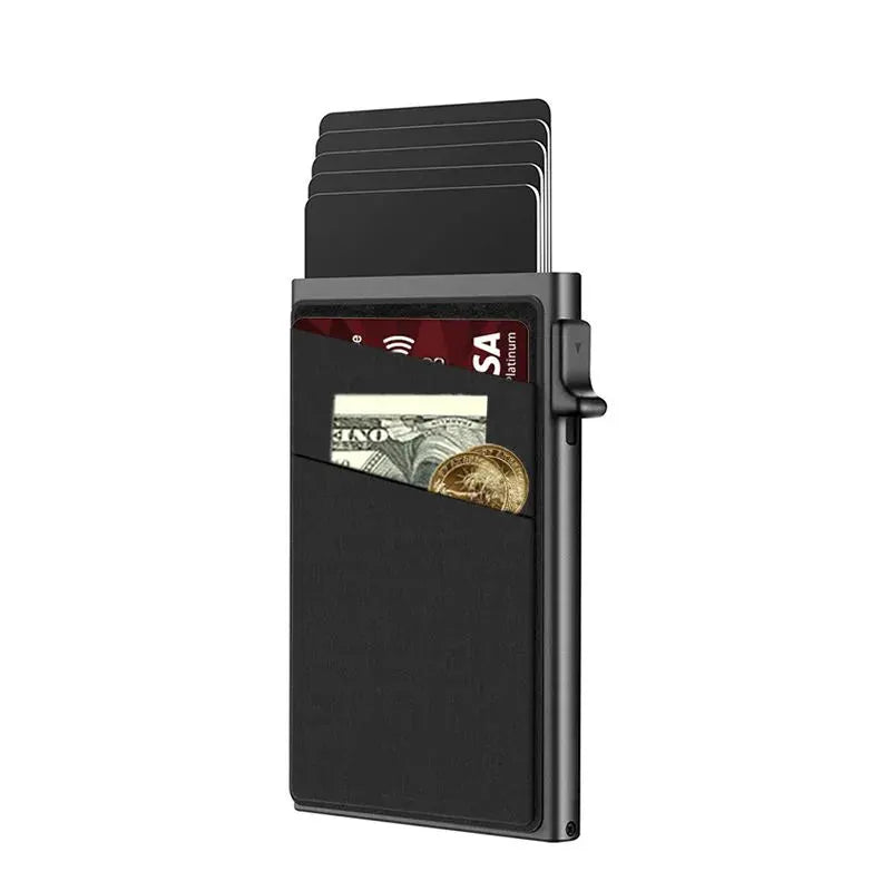 Anti-theft card holder wallet in black aluminum with RFID protection and multiple card slots