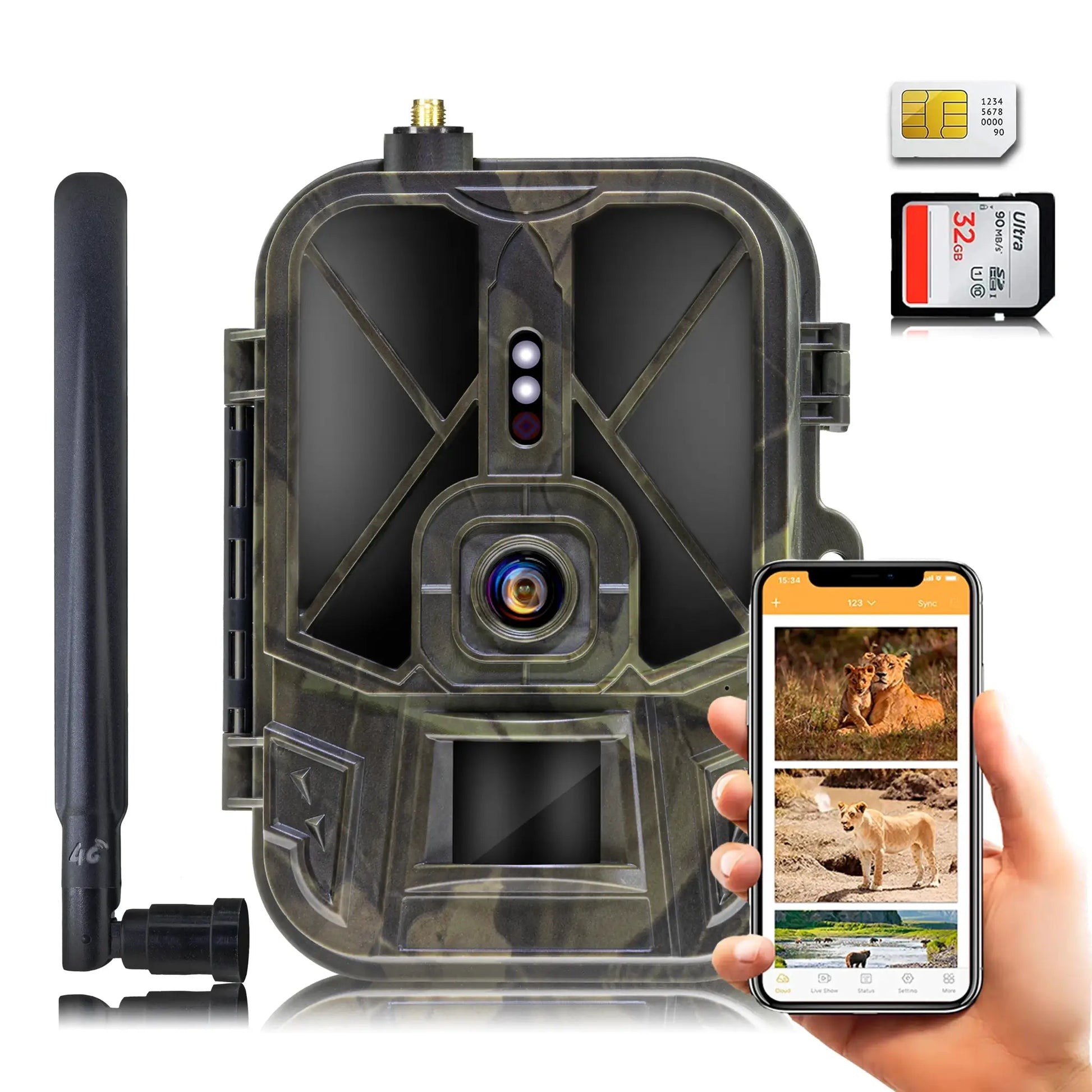 Night Vision Hunting Camera 4G by Simples Market with app control and 8000mAh battery, shown with 2 memory cards and smartphone app