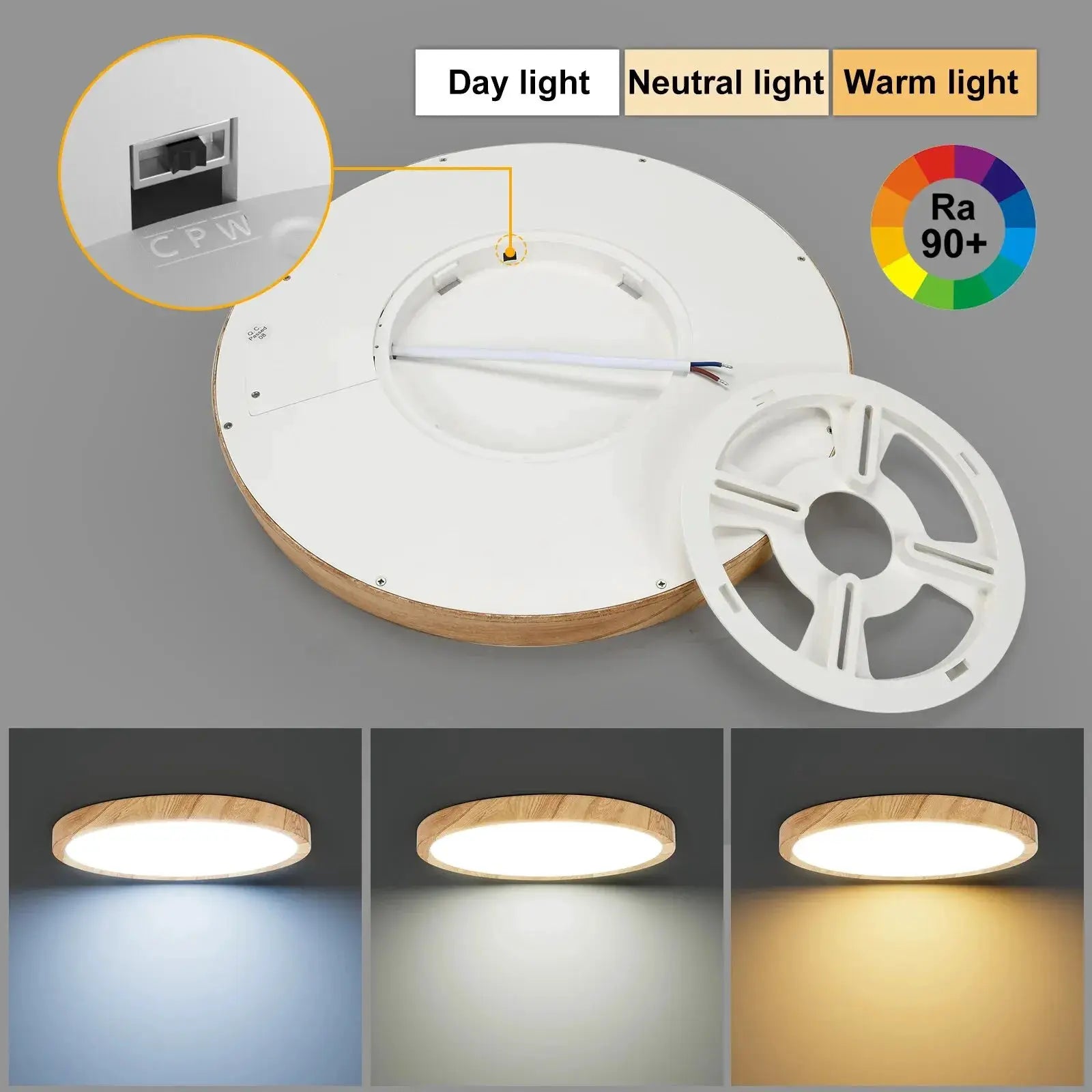 LVL LED round flush ceiling light with wood grain edge and white housing; 3 in 1 color temps for day/neutral/warm lighting