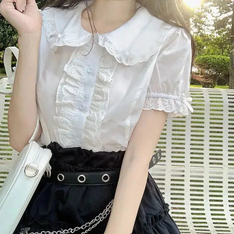Deeptown Kawaii Lolita white blouse with lace ruffles, puff sleeves and scalloped collar