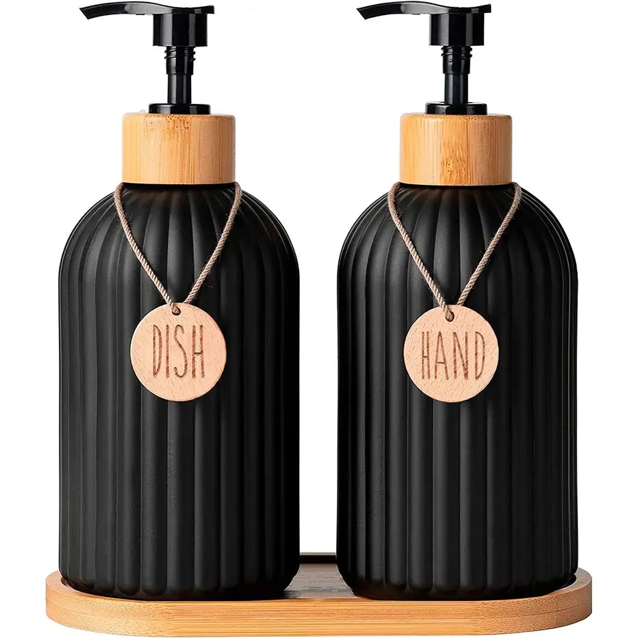 AuroraHome Black Dish Soap Dispenser Set With Wooden Pumps And Tags Two Bottles For Stylish Countertop Storage