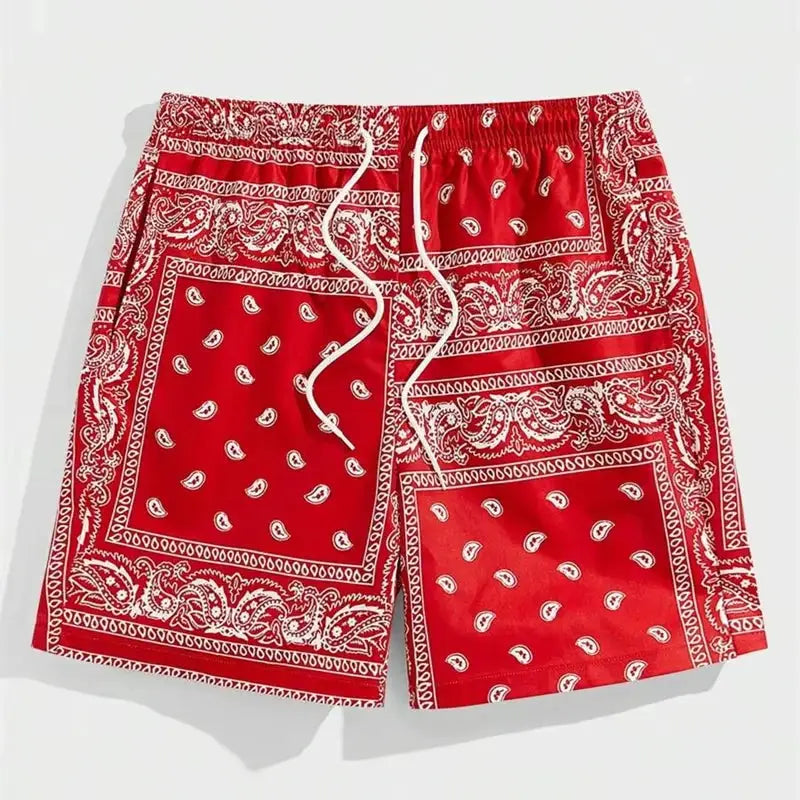 Trend Bandana Graphic Men's Beach Shorts, red paisley print with white drawstring, Simples Market