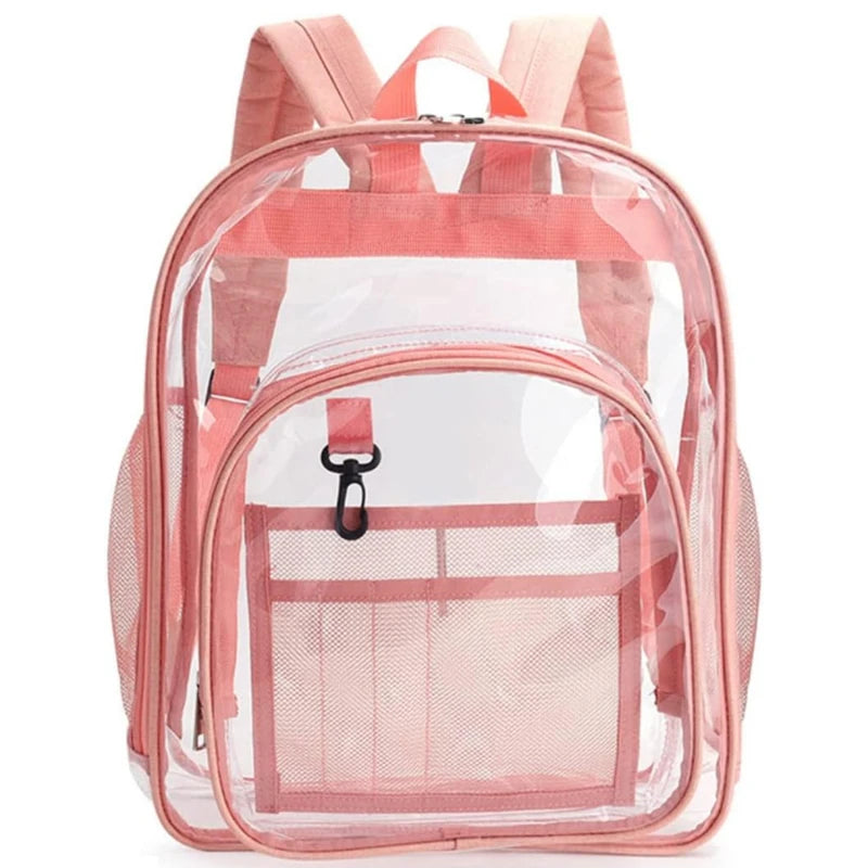 Backpack pink transparent waterproof school bag with front zip, mesh pockets, and large capacity