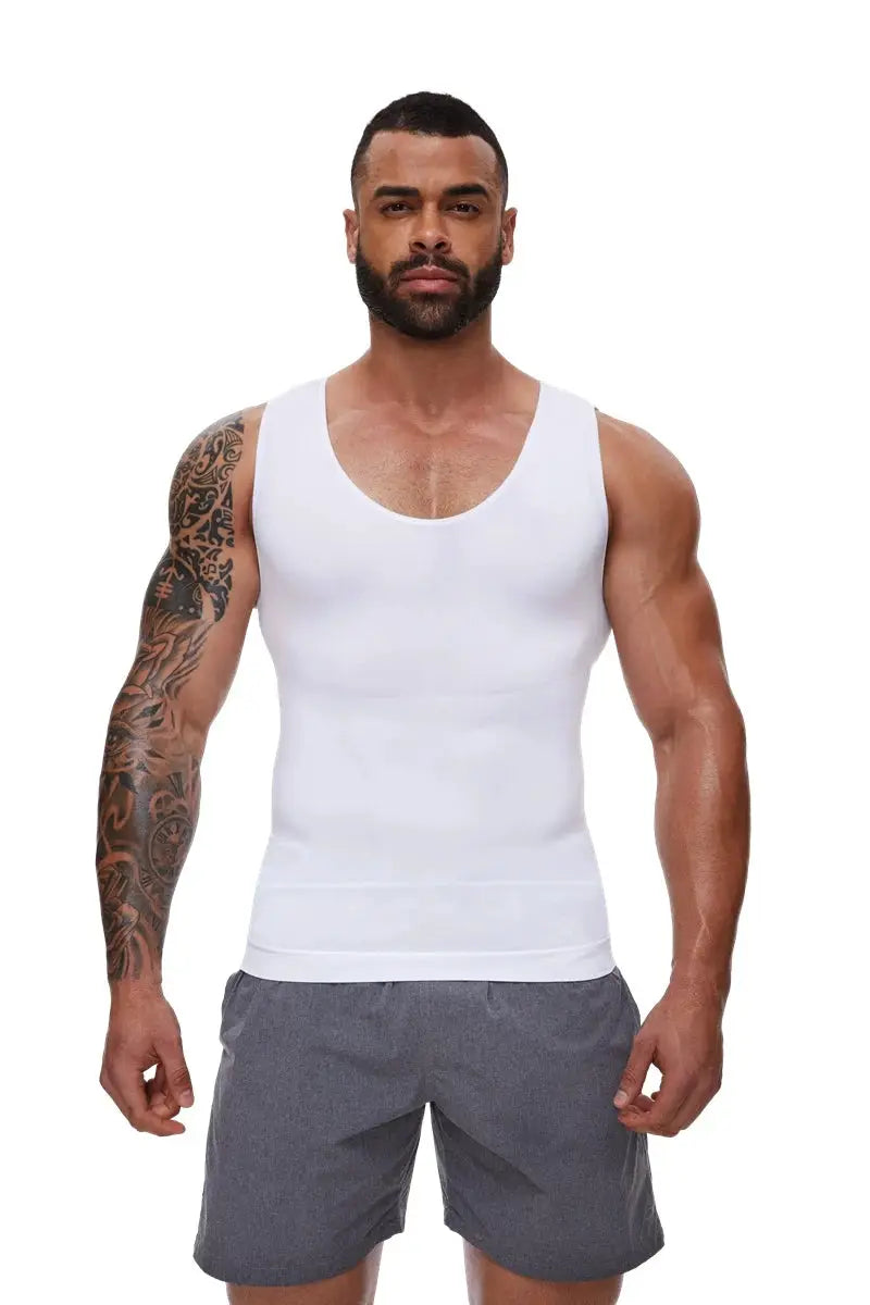 Men's white compression shirt with tummy control, sleeveless tank top