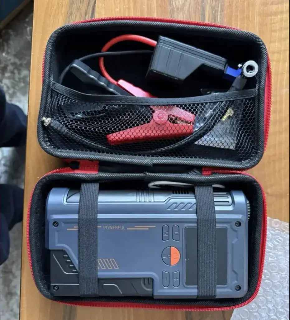 Simples Market EVA heavy-duty tool organizer case; blue rugged device secured by straps with red clamps in mesh pocket.