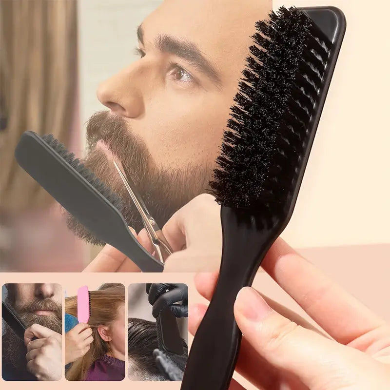 Black slick-back hair brush with bristles for sleek ponytails and edge control; pink mini comb shown.