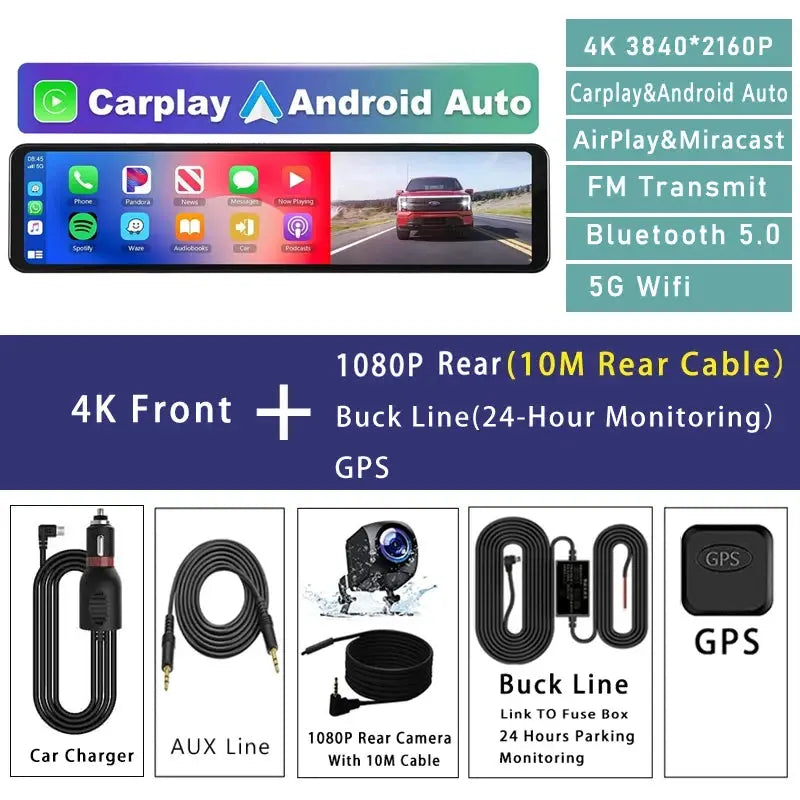 11.26 Inch 4K Car DVR With CarPlay Android Auto Dash Cam GPS WiFi