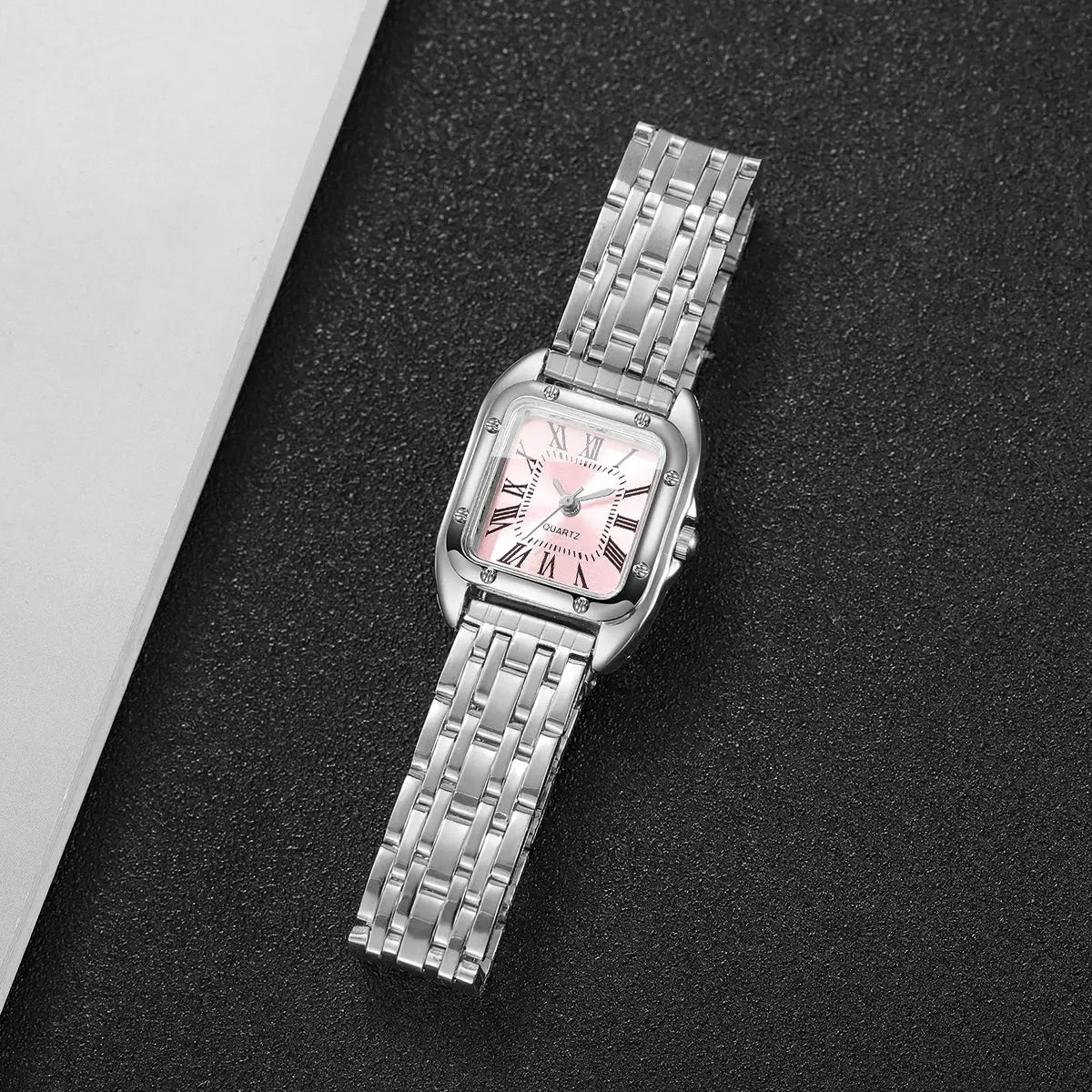 Luxury square women's quartz watch with pink Roman numeral dial and silver stainless-steel bracelet