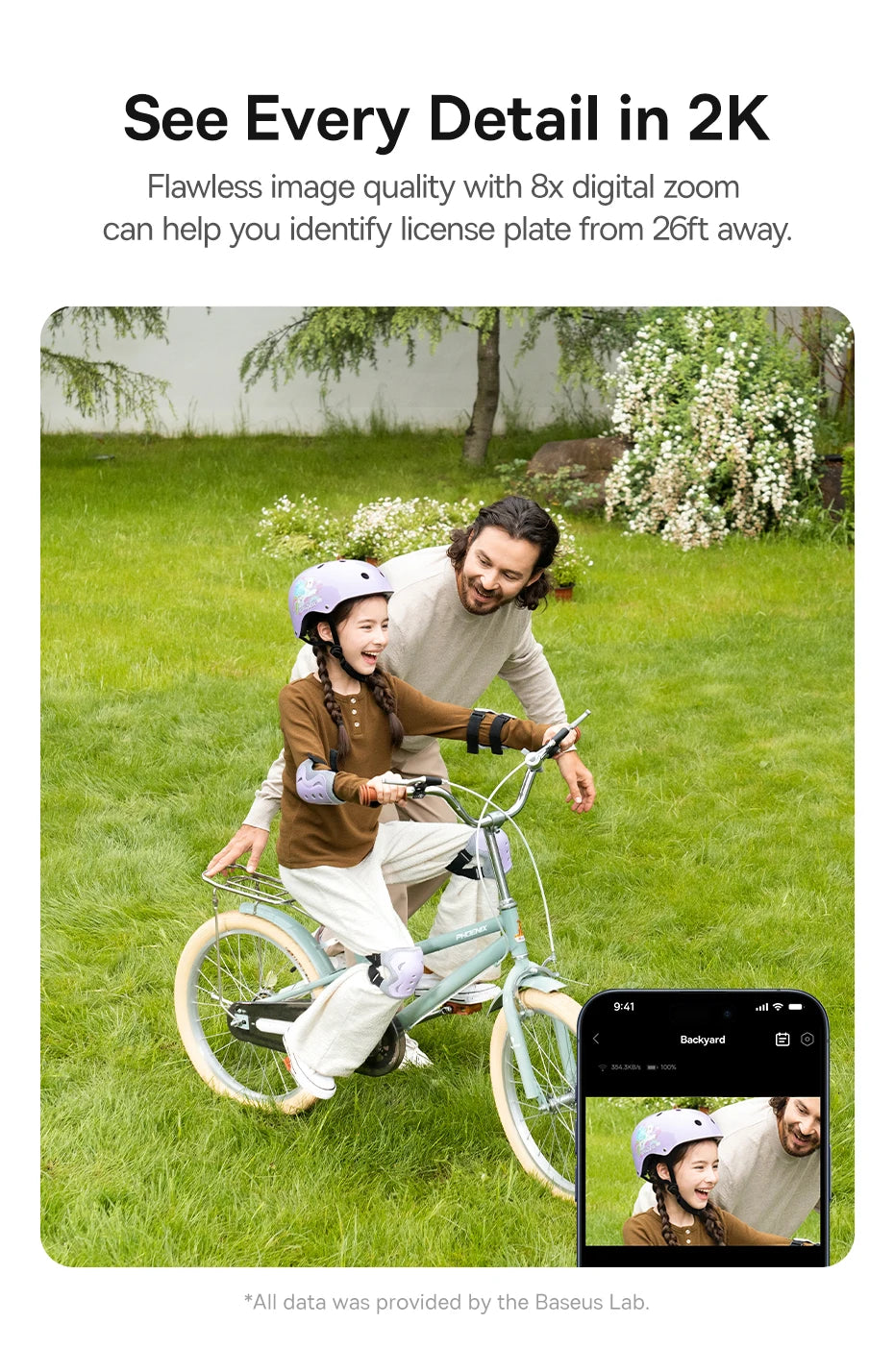 Baseus Security S1 outdoor camera product image; family rides a bike in a backyard with a phone showing footage.