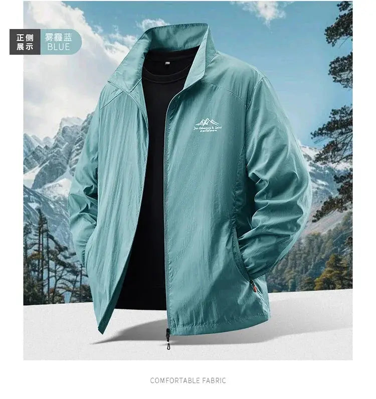 2025 Men's Summer Sun Protection Jacket by Simples Market in mist blue; ultralight, skin-friendly, breathable UV coat with chest logo.