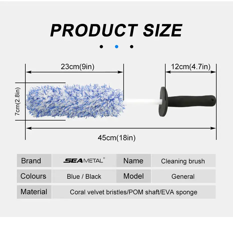 Car wash brush with blue plush microfiber head and non-slip black handle for rims and spokes