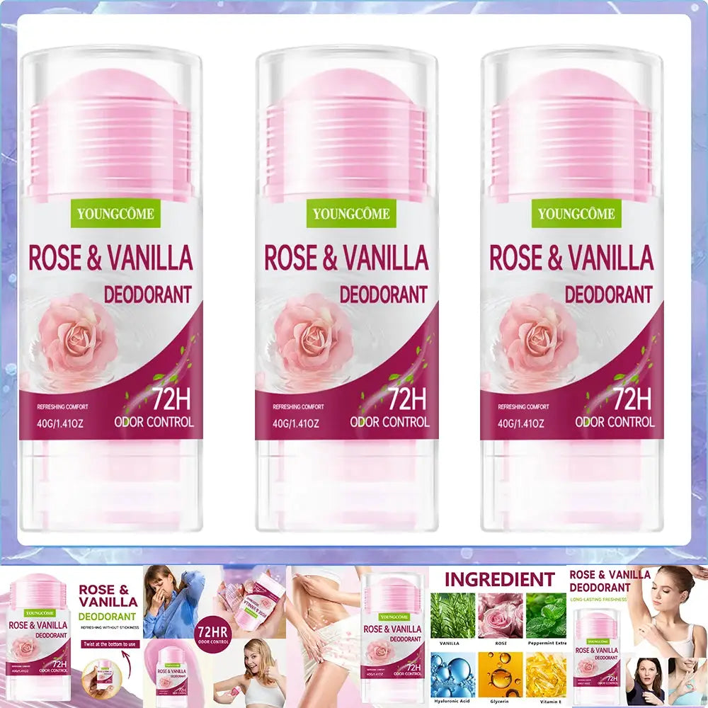 3-pack Youngcome Rose & Vanilla deodorant sticks with pink caps and rose artwork