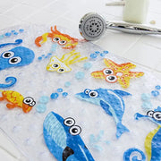Soft cartoon PVC kids bath mat with suction cups; non-slip, colorful sea creature design.
