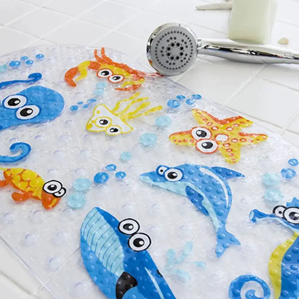 Soft cartoon PVC kids bath mat with suction cups; non-slip, colorful sea creature design.