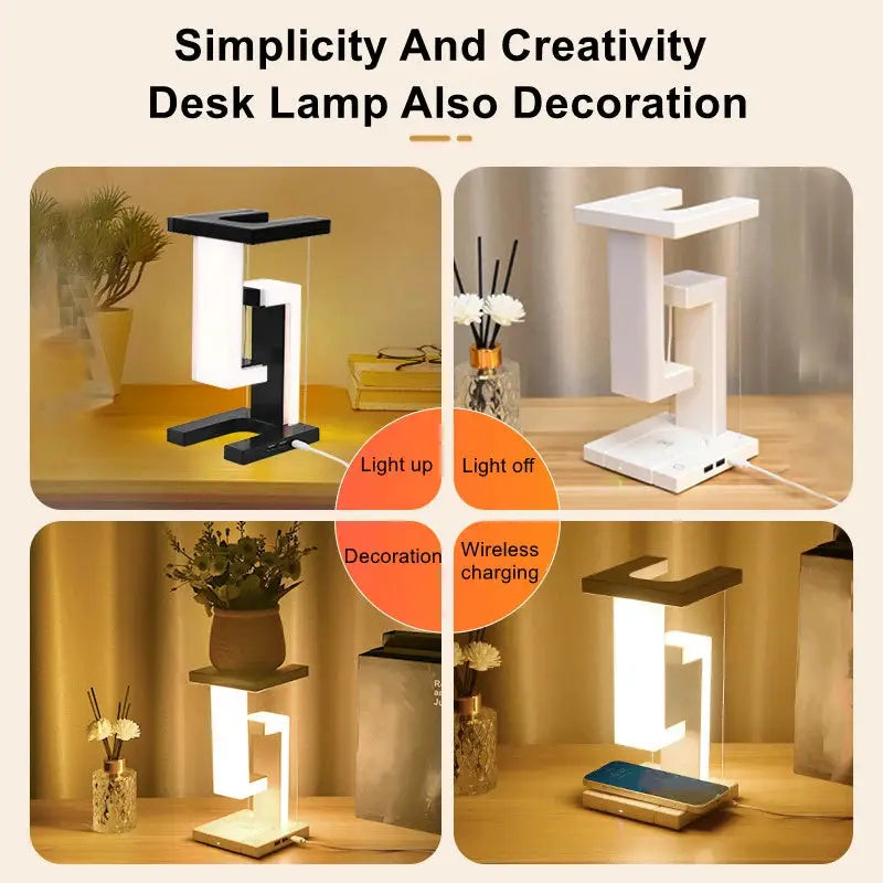 Novelty floating desk lamp with 10 W detachable wireless charger by Simples Market; four color variants