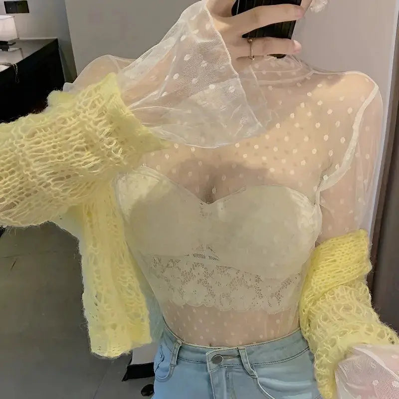 Sexy women mesh lace blouse in white with sheer dotted long sleeves and lace bodice crop top