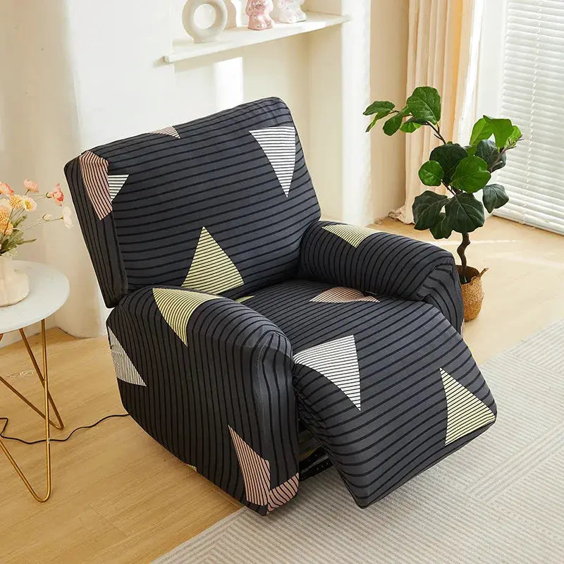 Elastic recliner sofa cover by Simples Market in black with colorful triangle pattern for living room