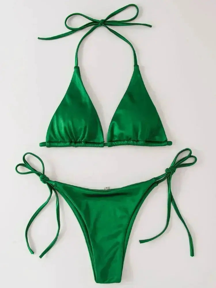 Simples Market green metallic satin bikini set, halter two-piece with high-cut bottoms