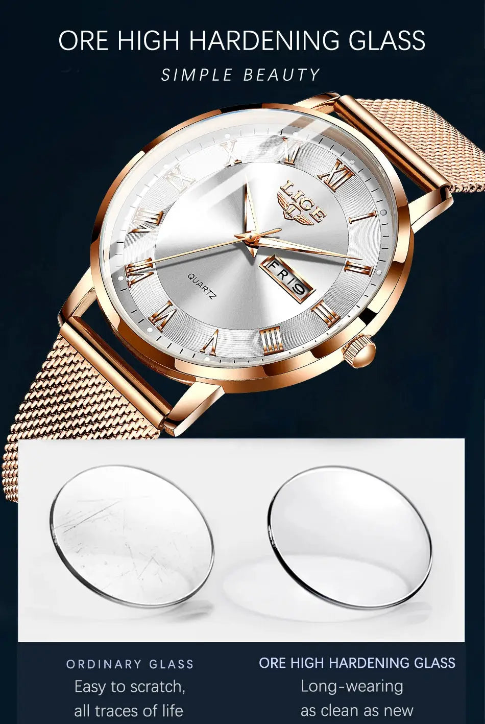 LIGE women's luxury quartz watch with rose gold stainless steel mesh band, Roman numerals, date window, waterproof