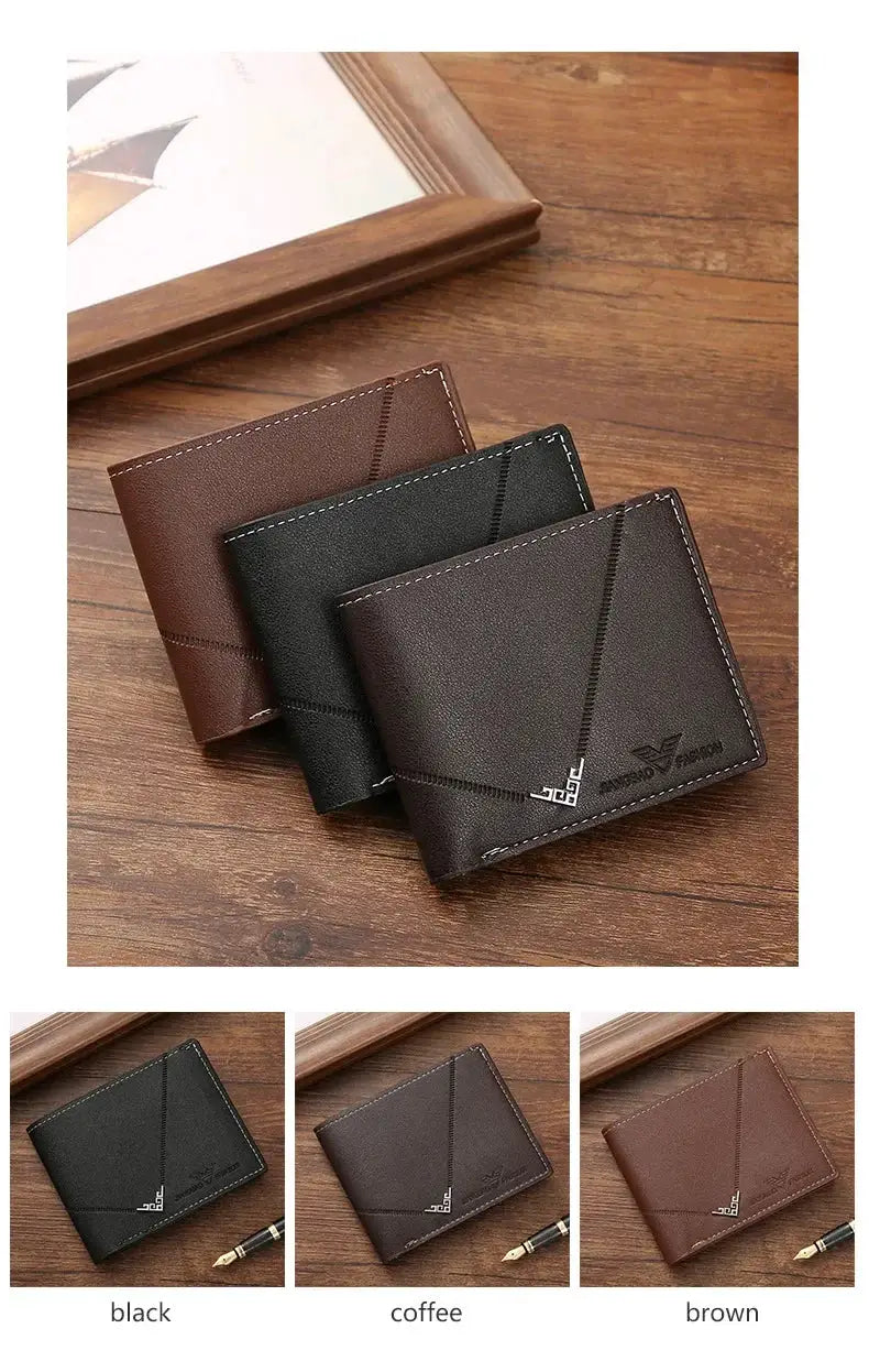 Slim leather men's RFID-blocking bifold wallet set by Simples Market in black, coffee, and brown (3 wallets).