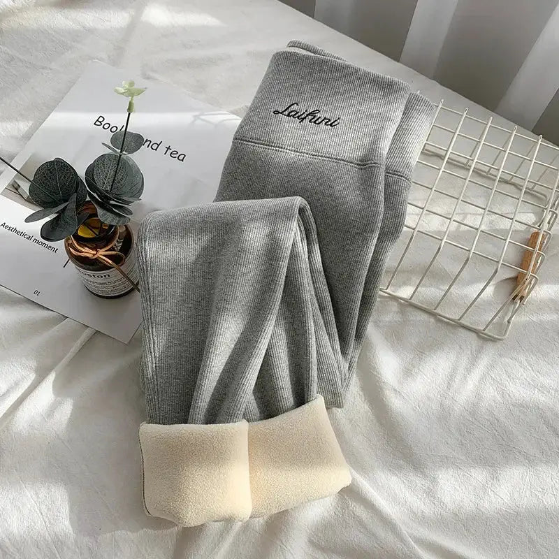 Winter warm gray women's leggings, high-waisted thermal fleece-lined