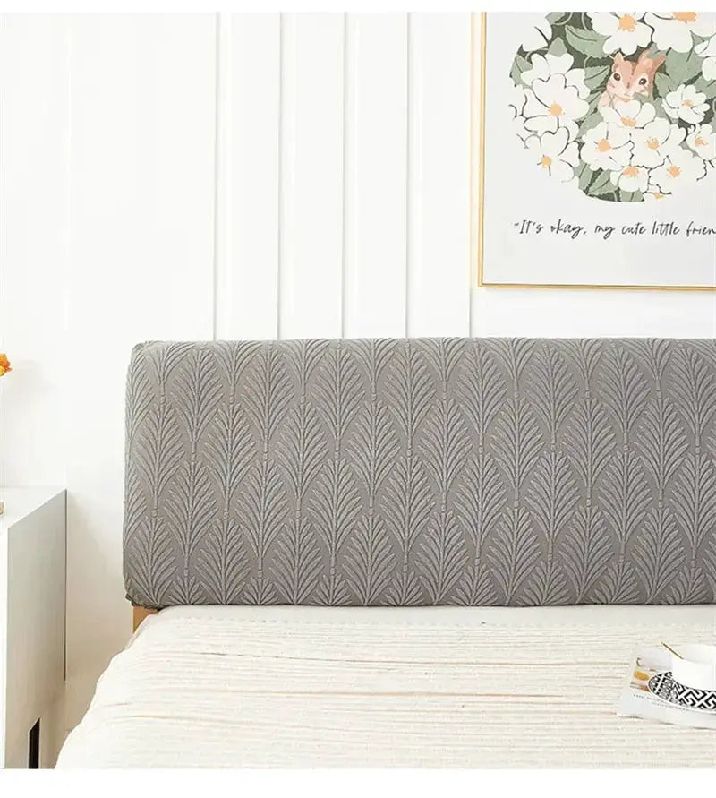 Jacquard bed headboard cover, gray leaf-pattern elastic slipcover by Simples Market