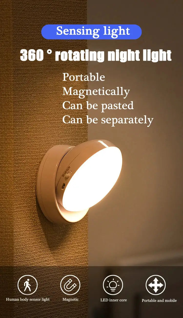 Round white LED night light by Simples Market with motion sensor, USB charging, magnetic mounting.