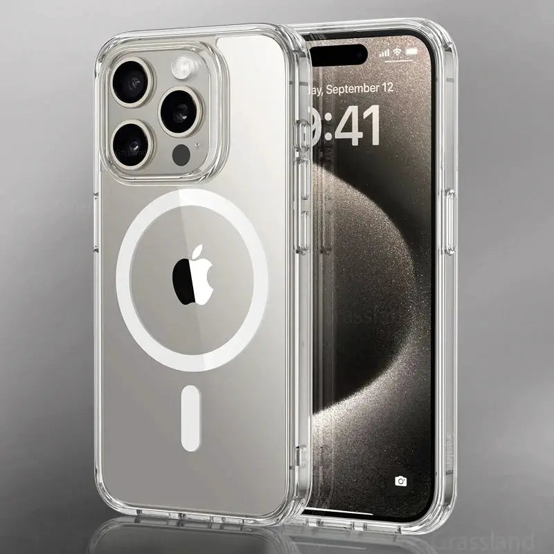 Two Simples Market clear MagSafe cases for iPhone; transparent backs with circular MagSafe ring.