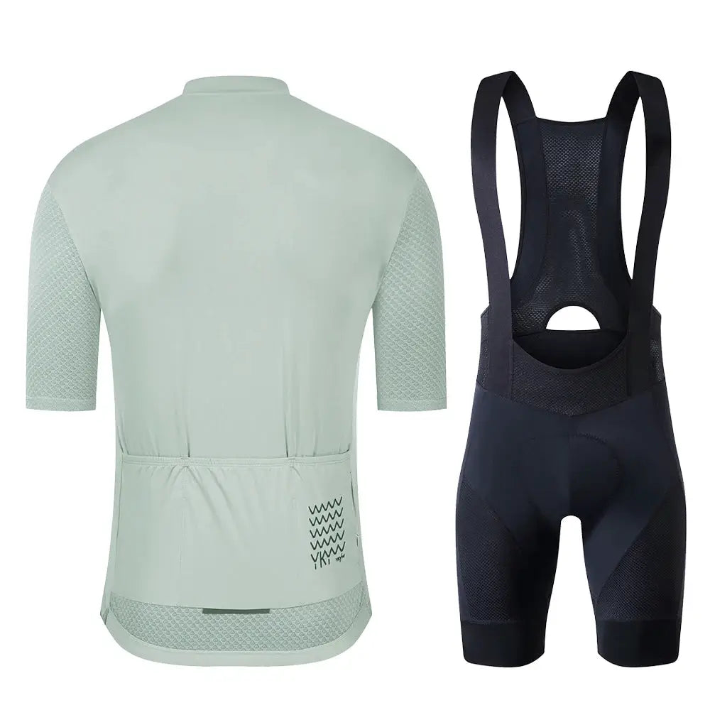 YKYWBIKE cycling jersey set; mint green jersey with mesh sleeves and black bib shorts, 2-piece MTB kit.