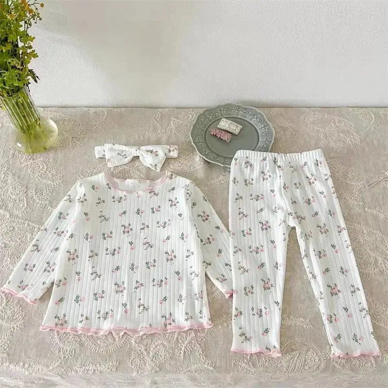 LittleLuxe Baby Floral Cotton Pajama Set With Lace Trim Long Sleeve Two Piece Sleepwear For Autumn