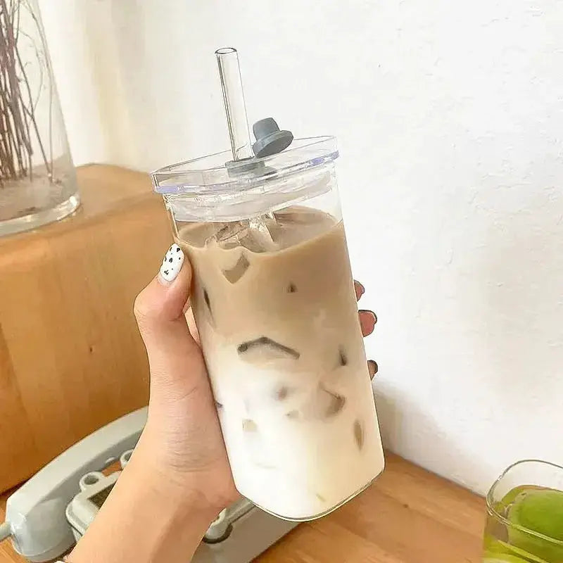 Square Heat Resistant Glass Coffee Cup With Lid And Straw 400ml
