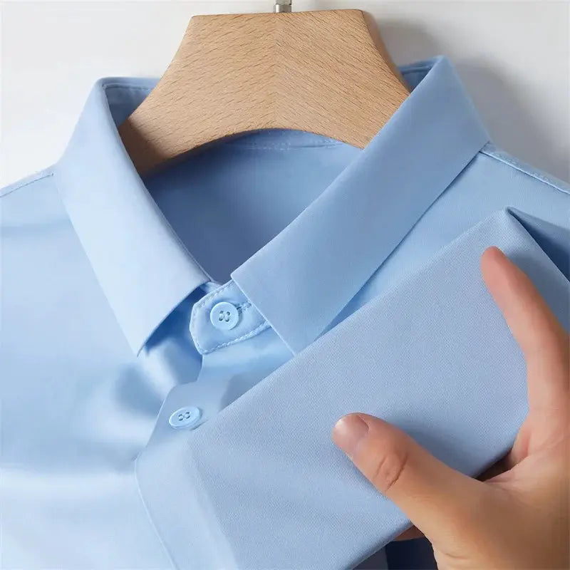 Simples Market men's light blue solid short-sleeve shirt on a hanger, business casual style.