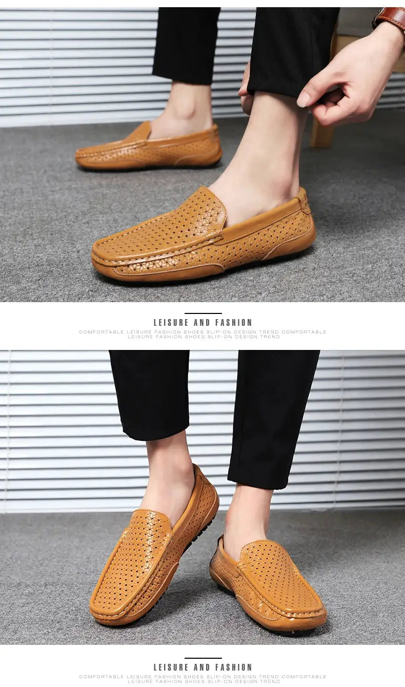 Simples Market men's tan genuine leather perforated loafers, breathable slip-on driving moccasins.
