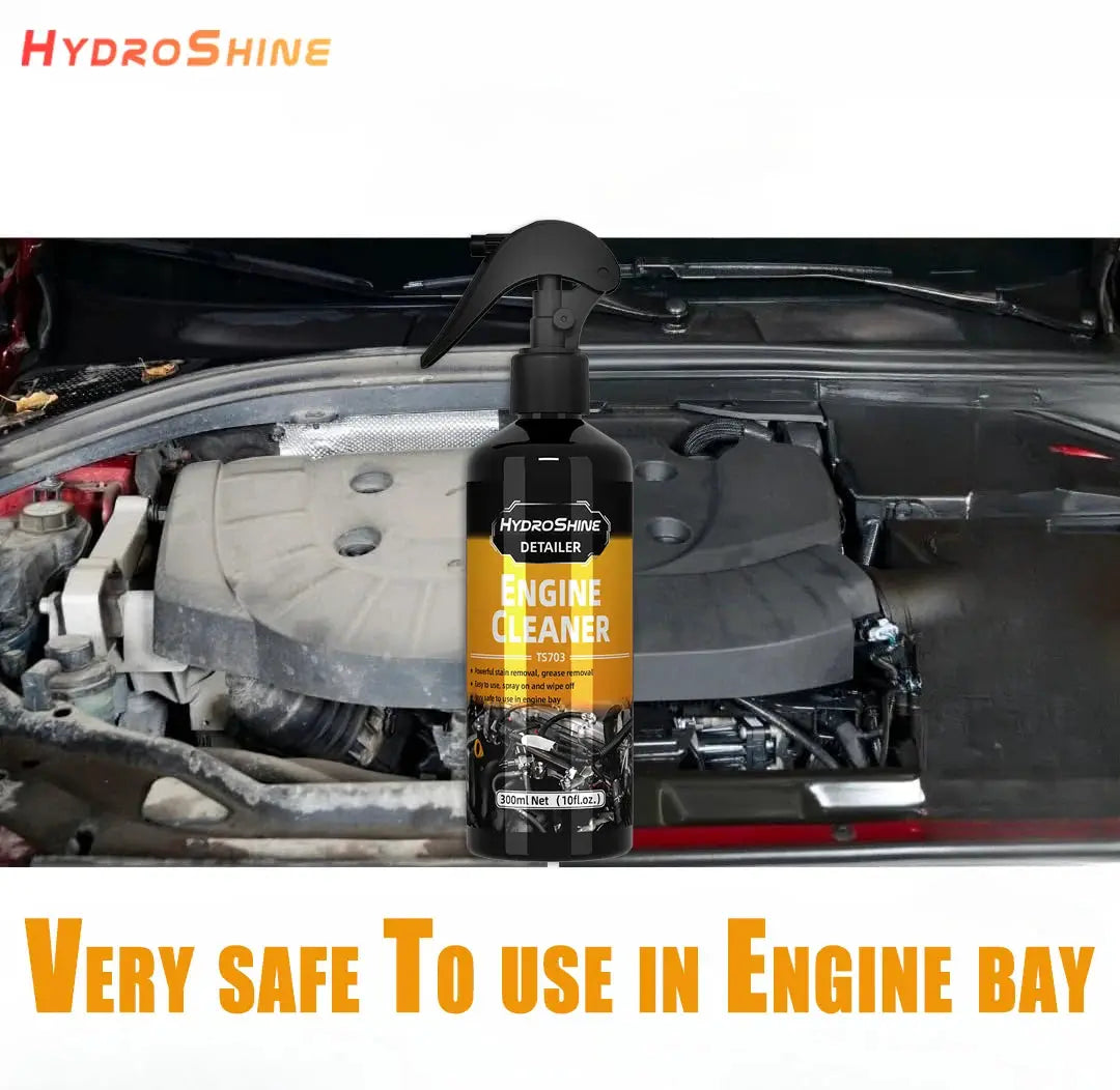 HydroShine Engine Cleaner spray bottle by Simples Market with orange label in front of a car engine bay