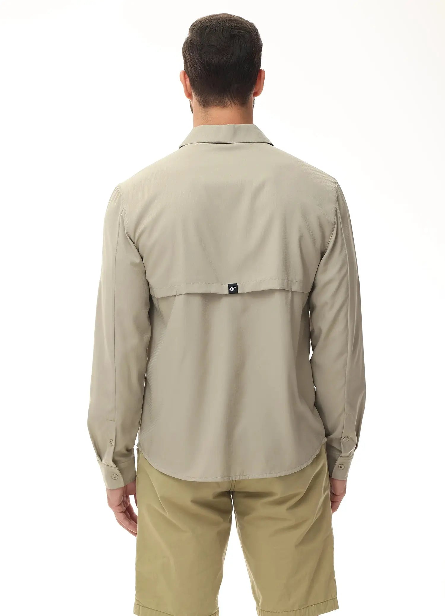 Men's beige Simples Market long-sleeve fishing shirt, back view with small brand tag