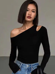 Skew Collar Off Shoulder Long Sleeve Crop Top Women Spring Solid Slim Fit Hollow Out Tee Shirt