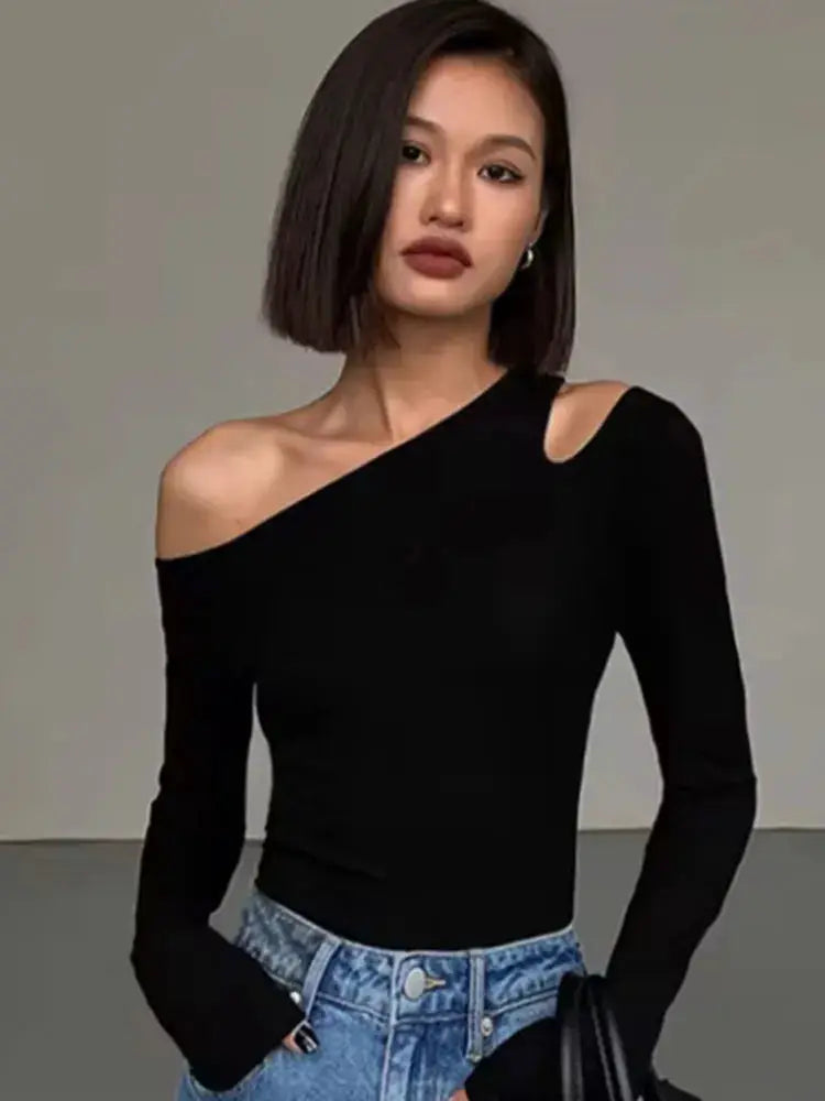 Skew Collar Off Shoulder Long Sleeve Crop Top Women Spring Solid Slim Fit Hollow Out Tee Shirt