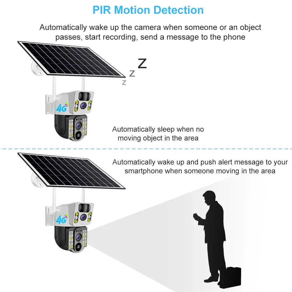 Simples Market 8MP 4K Solar Wireless Outdoor Camera with 4G SIM, dual lenses, PIR night vision
