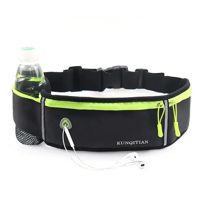 Fanny pack waist bag by Kunqitian, black with neon lime zipper trim, water bottle pocket, earphones