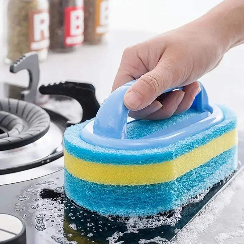 Simples Market kitchen sponge scrubber with handle; blue plastic grip and blue-yellow layered sponge
