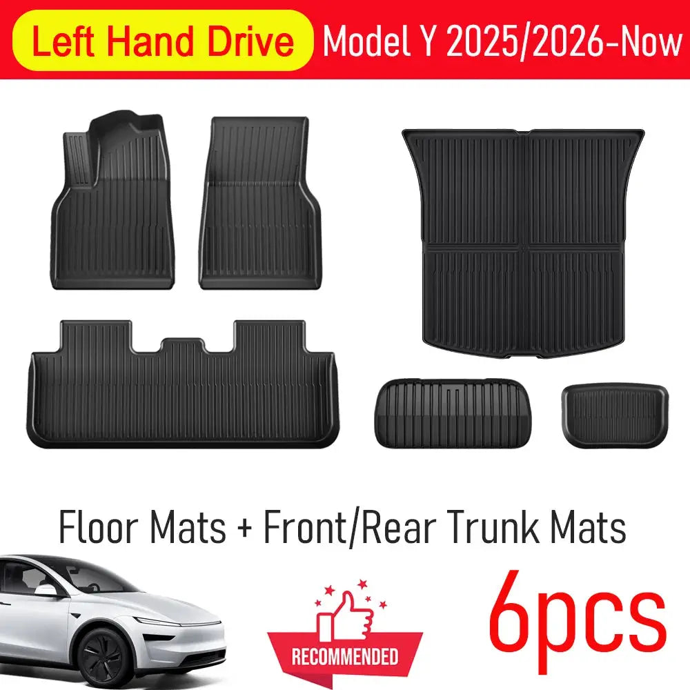 Six-piece black TPE floor mats set for Tesla Model Y 2025–2026, front, rear and cargo mats by Simples Market