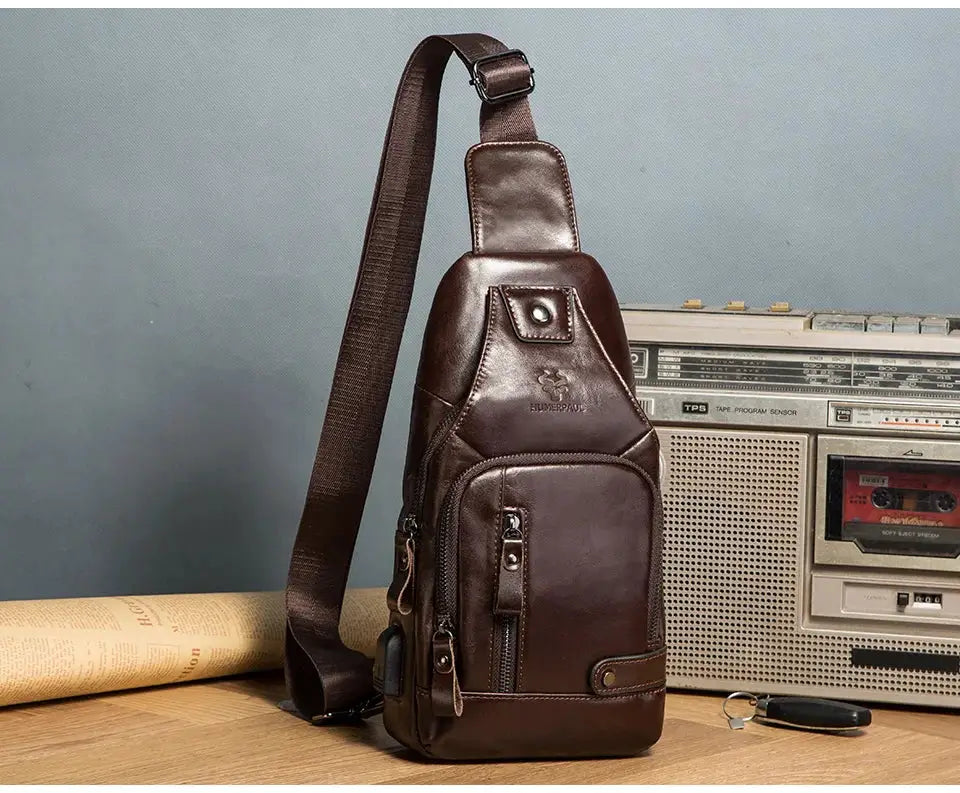 HUMERPAUL men's USB chest bag in brown genuine leather; crossbody sling with multiple zip pockets