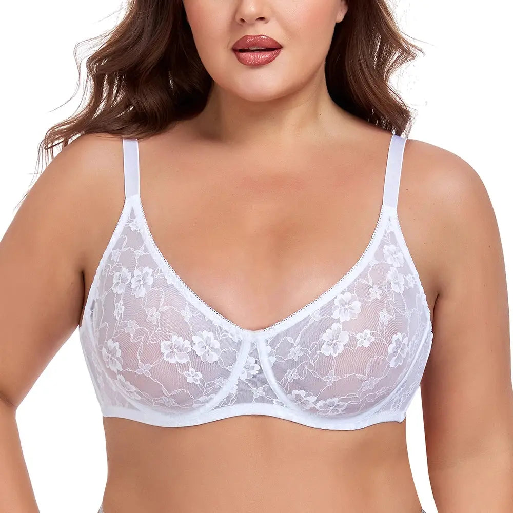 Plus Size White floral lace underwire bra with adjustable straps, B–E cup