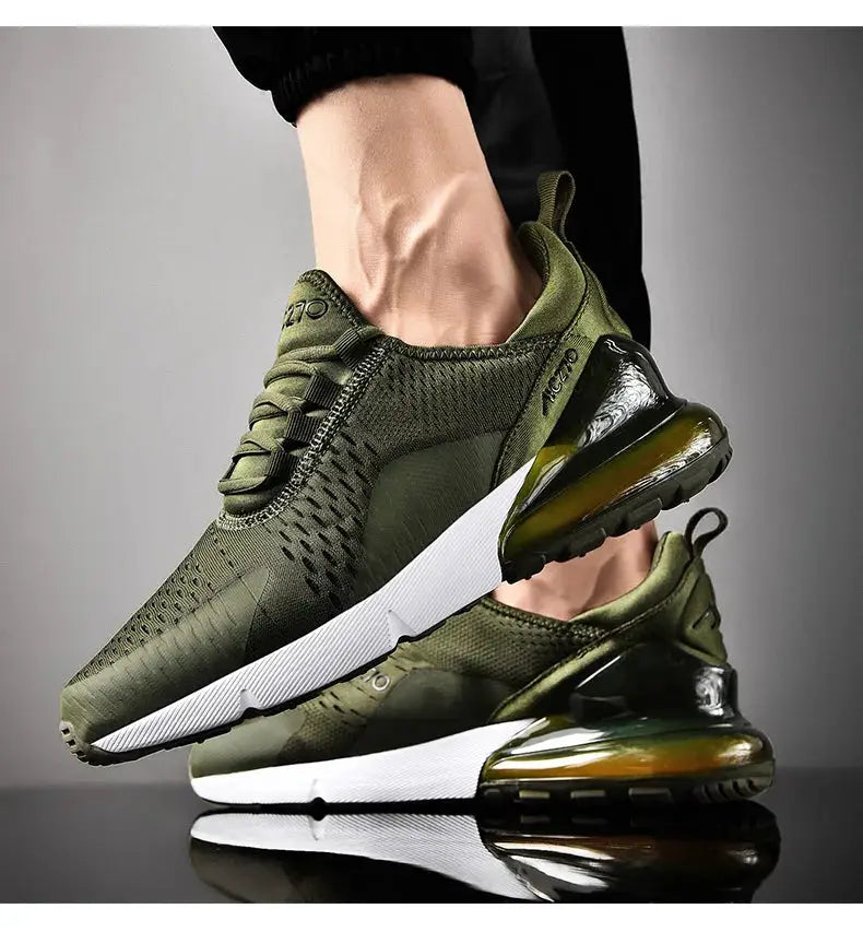 Men's olive green mesh sneakers by Simples Market, breathable casual jogging shoes with white platform sole