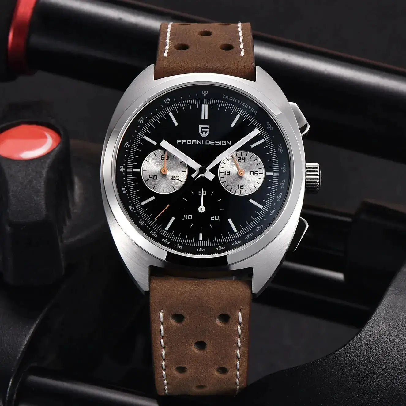 Pagani Design men's quartz chronograph watch with panda dial, stainless steel case and brown perforated leather strap